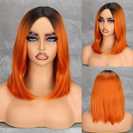 Lace Wigs Wig Women's Black Orange Gradient Shoulder Length Inner Buckle Mid Split Bobo hine Wig Wig