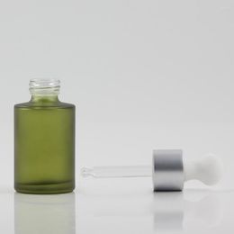 Storage Bottles Wholesale Glass Bottle With Dropper Cap 30ml Round Frosted Green Packaging