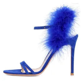 Sandals Sexy Blue Fur Women Cut-out Ankle Strap High Heels Ladies Peep Toe Thin Hollow Gladiator Heel Summer Shoes