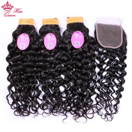 Water Wave Bundles With Closure Indian Virgin Human Raw Hair Ocean Wave Curly Hair Bundles With Lace Colour With Baby Hair Queen Hair Products