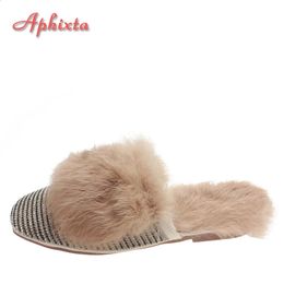 Slippers Aphixta Winter Real Fur Crystals Slippers Women Shoes Mules Warm Flat Heel Rabbit Hairs Shoes Fashion Home Slippers Plus Size 42 231110