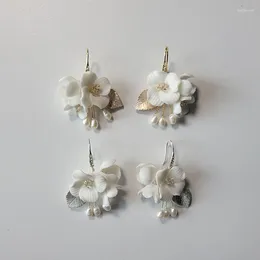 Dangle Earrings SLBRIDAL Ins Style Sparkling Crystal Rhinestones Porcelain Flower Freshwater Pearls Bridal Wedding Earring Women Girls