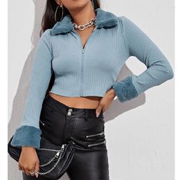Women's Knits Knit Zip Up Sweater Cardigan Women Y2k Top Fitted Faux Fur Turn Down Collar Long Sleeve Jackets Black Blue Outfits 2023