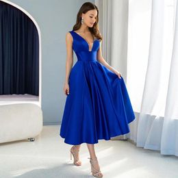 Party Dresses Custom Colour Royal Blue A-line Short Evening Dress Women's Length Satin V-Neck Sleeveless Backless Prom Gowns Robe De