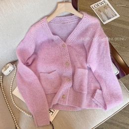 Women's Knits Purple Wool Cashmere Mohair Sweater French Knit Cardigans Sweet Metal Single Breasted Button Knitwear Coat Jumper H465