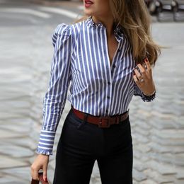 Women's Blouses Shirts Women's long sleeved striped fluffy sleeve pleated hem casual shirt elegant women's work clothes top 230410