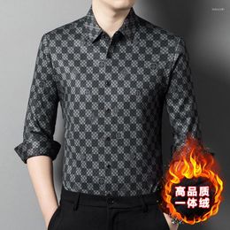 Men's Casual Shirts 2023 Winter Thick Velvet Business For Mens Grey Plaid Plush Blouse Husband Clothing Large Sizes Work Office Wear