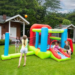 Inflatable Sports Bounce House Green Playhouse with Volleyball Net Football Goal Basketball Frame for Kids 2-12 Outdoor Play Birthday Party Gifts Small Toys Bouncer