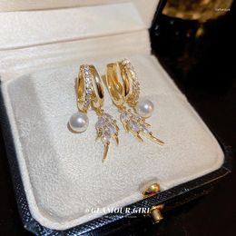 Dangle Earrings Korean Light Luxury Genuine Gold Colour Pearl Zircon Wheat Ear Buckle For Women Exaggerated Geometric Dangling