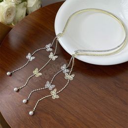 Pearl Butterfly Tassel Headband Rhinestone Alloy Hair Hoop Wedding Crystal Head Hoop Thin Girls Hairbands Women Headwear Korean