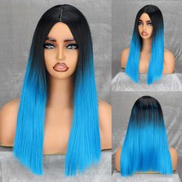 Lace Wigs Fashion Wig Women's Black Blue Gradient Long Straight Hair Mechanism Wig Headcover Wig