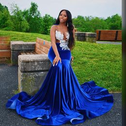 Sexy Royal Blue Velvet Prom Dresses Crystal Appliques Evening Gowns See Through Neckline Sweep TrainSpecial Occasion Formal Dress