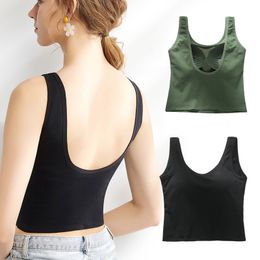 Camisoles Tanks Sexy Backless Malt Top Tank Top Open Back Cushion Women's Fit Tank Top Built-in Bra U-Neck Summer Women's Crop Top 230410