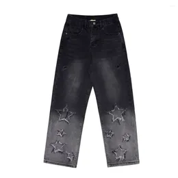 Women's Pants Ripped Holes Pentagram Goth Black Denim Jeans For Women Men Y2k Distressed Washed Trousers Streetwear Winter Trending