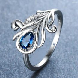 Cluster Rings Charm Leaf Design Teardrop Shape Sappire Blue Stone For Women Elegant Wedding Engagement Promise Cocktail Jewellery