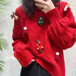 Women's Sweaters Christmas Tree Appliques Loose Pullovers Women Oneck Long Sleeve Knitted Sweaters Female Autumn Winter Arrival Pull Femme 231110
