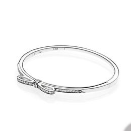 Sparkling Bow Bangle Bracelet for Pandora Real Sterling Silver Wedding designer Bracelets Set Jewellery For Women Girlfriend Gift bowknot bracelet with Original Box