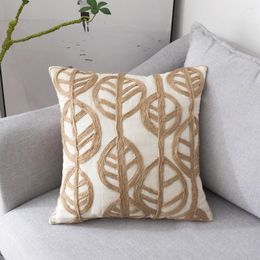 Pillow Case Nordic Heavy Industry Cotton And Linen Leaves Woven Embroidered Cushion American Model Room Villa Sofa Embroidery Cover