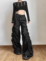 Women's Pants European Girls Loose Mopping High-waisted Design Folds Pleated Wide-leg Long Punk Black Versatile