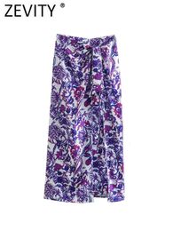Skirts Zevity Women's Vintage Purple Paisley Flower Print Knot Sarong Midi Skirt Faldas Printed Women's Fashion Back Zipper Vestidos QUN1889 230410