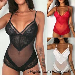 2020 New Fashion Women One Piece Lace Bodysuit Mesh Babydoll Bodysuit V-neck Strap See Through Jumpsuit Teddy Lingerie Underwear 410&3