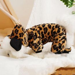 Dog Apparel Cute Pet Jumpsuit With Ear Hat Clothes Fashionable Leopard Print Winter Warmth Plush For Weather