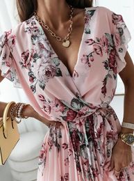 Casual Dresses Chiffon Pleated Summer Light Dress Fashion Butterfly Sleeve Sweet Floral For Women 2023 V-Neck Robe Femme Midi