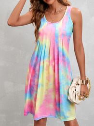 Party Dresses Top Women's Summer Casual Tie Dyed Dress Sleeveless Round Neck Spaghetti Strap Print Beach Plus Size