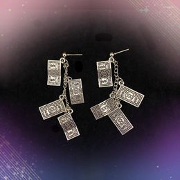 Stud Earrings Punk Imitation Banknote Tassel For Women Silver Color Vintage Metal Exaggerated Statement Retro Jewelry