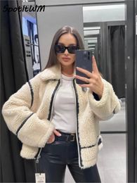 Women's Fur Faux Fur Faux Teddy Fur Front Zipper Bike Jackets Women Thick Long Sleeve Motorcycle Coats Contrasting Colour Autumn Winter Street Jacket 231109