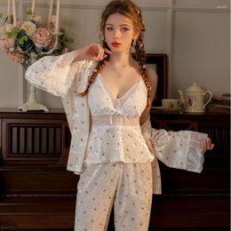 Women's Sleepwear Three Piece Velvet Pyjamas Suit Spring Women Lace Cami&pant&bathrobe PJS Set Female Velour Nightwear Nightgown