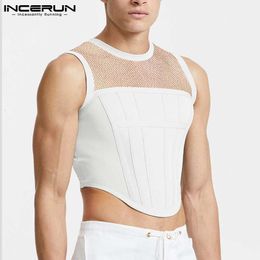 Men's Tank Tops Men Tank Tops Mesh Patchwork Round Neck Sleeveless See Through Sexy Vests Streetwear Party Nightclub Men Crop Tops INCERUN 230410