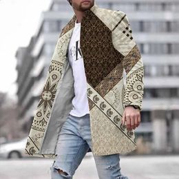 Men's Wool Blends Men Woolen Coat Jacket Fashion Striped Geometric Print Young Mens Clothes Autumn Winter Single Breasted Pocket Overcoat Outwear 231109