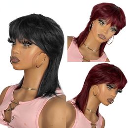 Coloured Short Straight Bob Pixie Human Hair Wig With Bangs For Women Brazilian Remy Hair Non Full Lace Front Burgundy Red Cheap Wigs