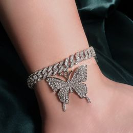 Fashion Bling Crystal Butterfly Cuban Chain Anklet for Women Iced Out Rhinestone Cuban Link Anklet Bracelet Hip Hop Jewelry