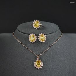 Necklace Earrings Set 3pcs Per 2023 Luxury Rose Gold Yellow Colour Oval For Women Anniversary Gift Jewellery Wholesale J6823