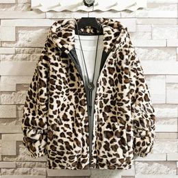 Men's Jackets Winter For Men 6xl Mens Zip Full Leopard Hoodie Loose Print Hip Hop Warm Fitting Hooded Jacket Padded Up