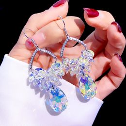 Dangle & Chandelier Luxury Waterdrop Bright Crystal Dangle Earrings For Women Bridal Wedding Party Jewelry AB Colorful