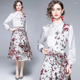 Work Dresses Runway Designer Spring Summer 2 Piece Butterfly Print Pleated Skirt Set Women Long Sleeve Lapel Shirt Hight Waist Suits