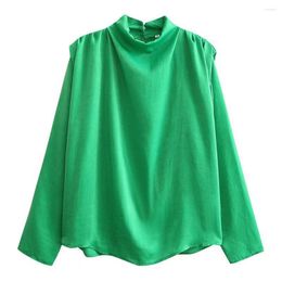 Women's Blouses Women Fashion Green Shirt With Pleated Shoulder Long Sleeves Mock Neck Casual Chic Lady Woman Straight Blouse Top