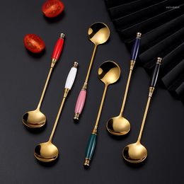 Dinnerware Sets Green Blue Black Small Round Spoon Vintage Coffee 04 Stainless Steel Ceramic Handle Cake Dessert Mug