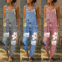 Women's Jumpsuits Rompers Women's jean overalls slacks 2021 fashion print vintage mommy coveralls ripped sevess suspenders women's jean pants 410&3
