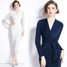 Sexy Slim Party Bow Belted Wrap Dress White Women Designer V-Neck Slim Velvet Prom Wrap Hip Split Dresses Ballgown 2023 Long Sleeve Spring Fall Solid Midi Frocks