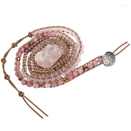 Charm Bracelets Natural Stone Bracelet Pink Quartz Leather Wrap For Women Rose Gems Crystal Beads Bohemia Jewellery