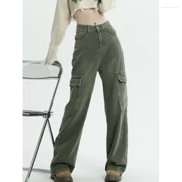 Women's Jeans Army Green Cargo Pants Baggy Women Fashion Streetwear Pockets Straight High Waist Casual Vintage Denim Trousers Overalls