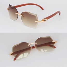 New Moissanite Diamond Set Sunglasses for women Man Original Wood Rimless Women Sun Glasses Big Stones 2.5 Carat Diamond Rick ross Glasses Luxury Size 60-148-140mm