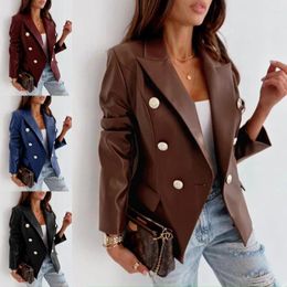 Women's Jackets 2023 Autumn Winter Long-Sleeved Double-Breasted Fashion PU Leather Suit Jacket