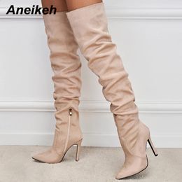 Boots Aneikeh Women's Fashion Trend Pointed Toe Thin Heel Over Knee Boots 2024 Spring/Autumn Flock Splicing Side Zipper Chelsea Boots 231109
