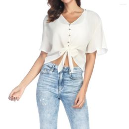 Women's Blouses White Waist Tie Bandage Sexy Women Summer V Neck Shirts Short Sleeve Chic Cropped Tops 2023 Lace Up Slim Button Crop Top
