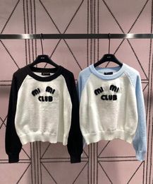 Luxury Women's Sweater Academy Style 3D Letter Embroidery black blue Contrast Raglan Sleeve Women's Knitted Short Sweater